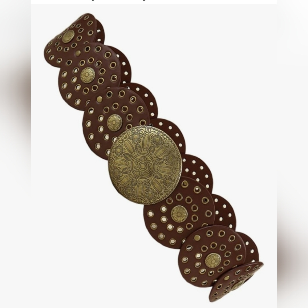 Brown Leather Bracelet with Antique Gold Medallions.  W-43